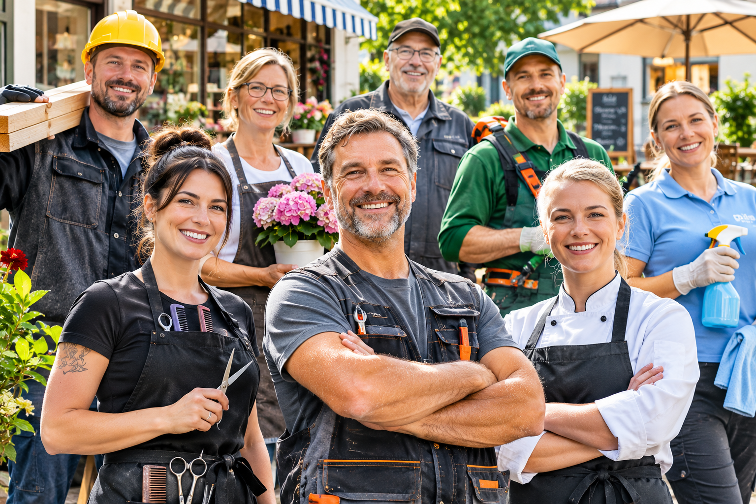 Vielfältiges Team vor dem Stadtcafé